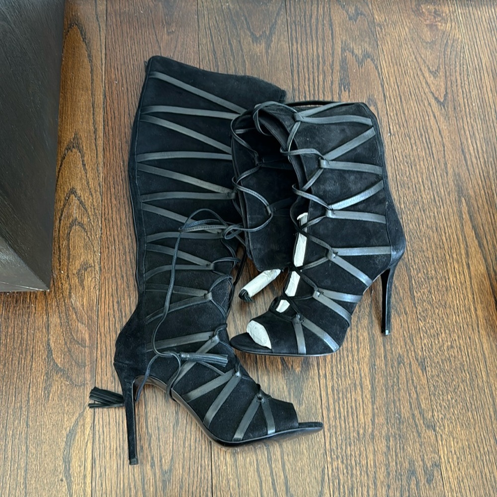 Knee high lace up peep toe boots